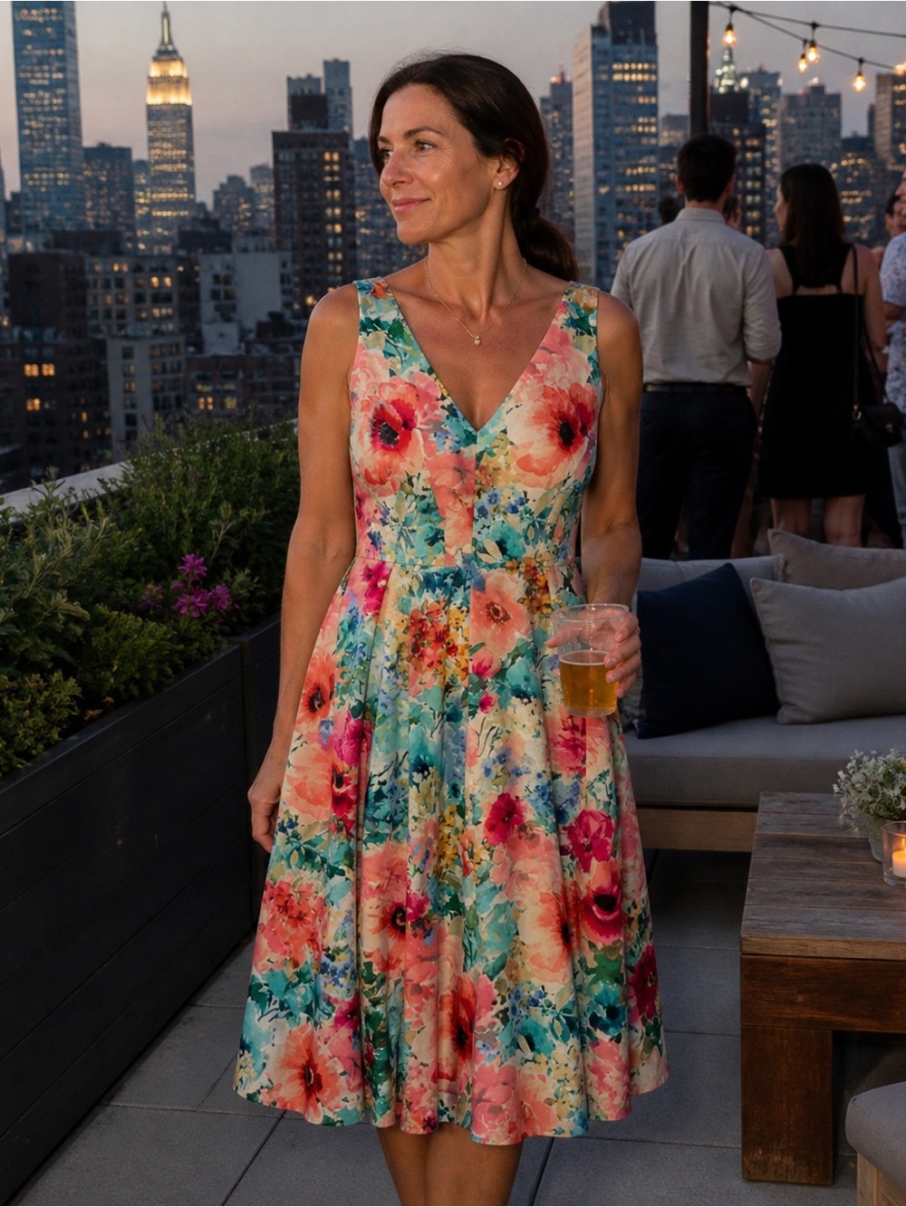 Kensie Floral Lined Dress with Pink, Yellow & Teal Design
